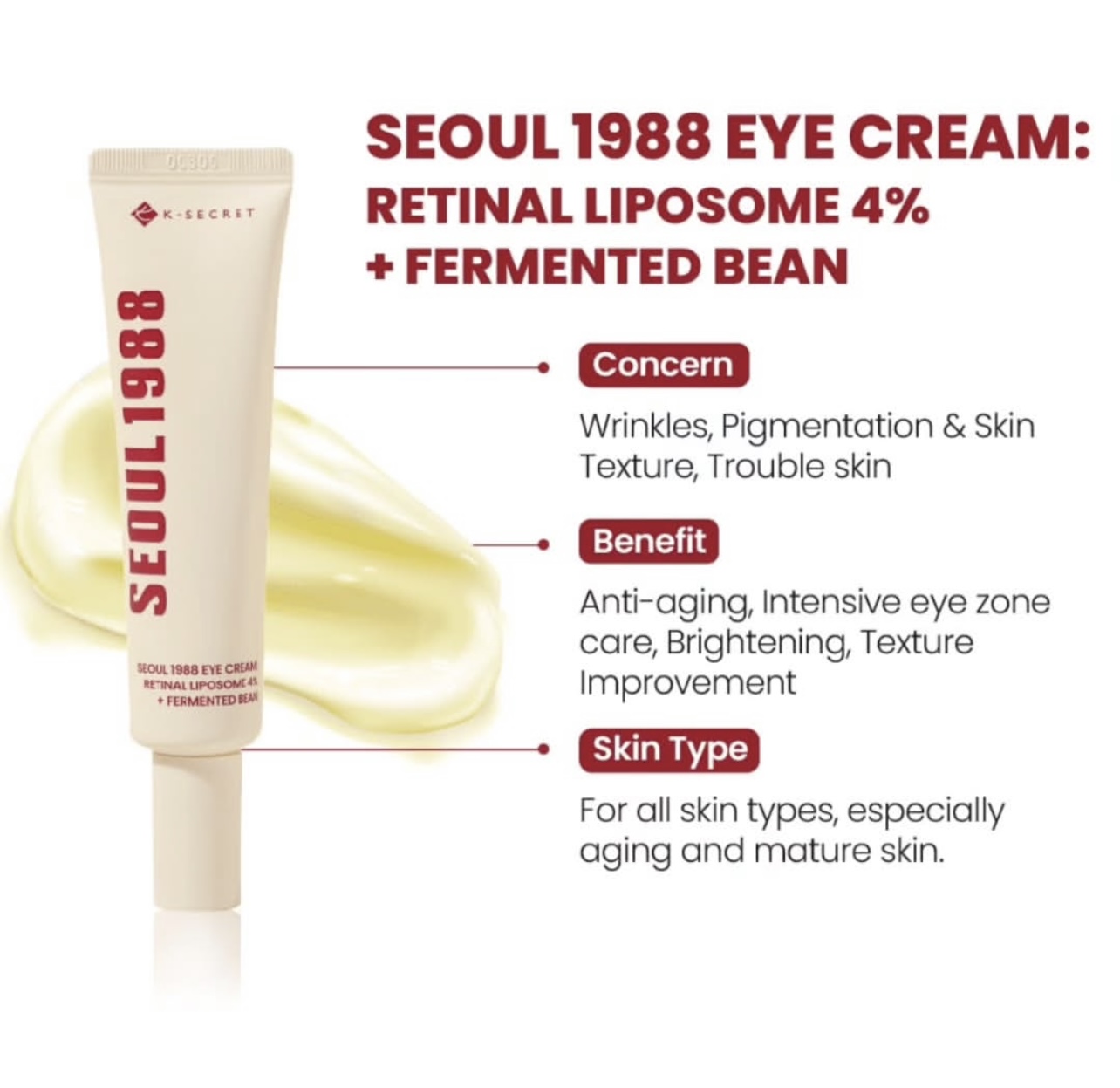 K Secret Seoul 1988 Eye Cream - Retinal Liposome 4% + Fermented Bean - 30ml (1oz) - Image 3