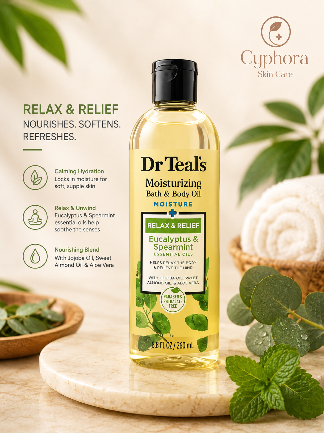 Dr Teal’s Bath & Body Oil Moisture + Relax & Relief Eucalyptus & Spearmint Essential Oils 8.8fl oz