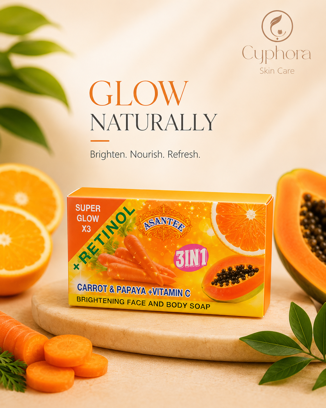 Asantee 3 IN 1 (Carrot + Papaya +Vitamin C) Retinol Brightening Face & Body Bar Soap, 125g - Image 2